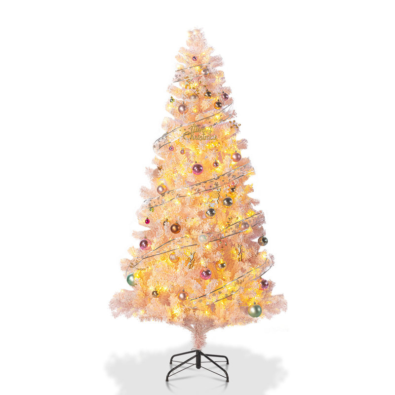 Arbre de Noël artificiel floqué rose 4,5 pi avec 100 lumières blanches chaudes, arbre de Noël avec 400 pointes de branches réalistes, PVC ignifuge, base pliable pour la maison, décoration de fête