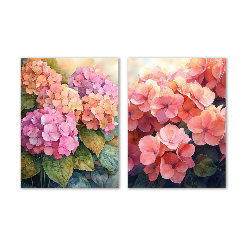 «Hydrangeas in the Sunset Glow II», ensemble de 2 reproductions d'art mural botaniques en métal, 32" H x 48" W