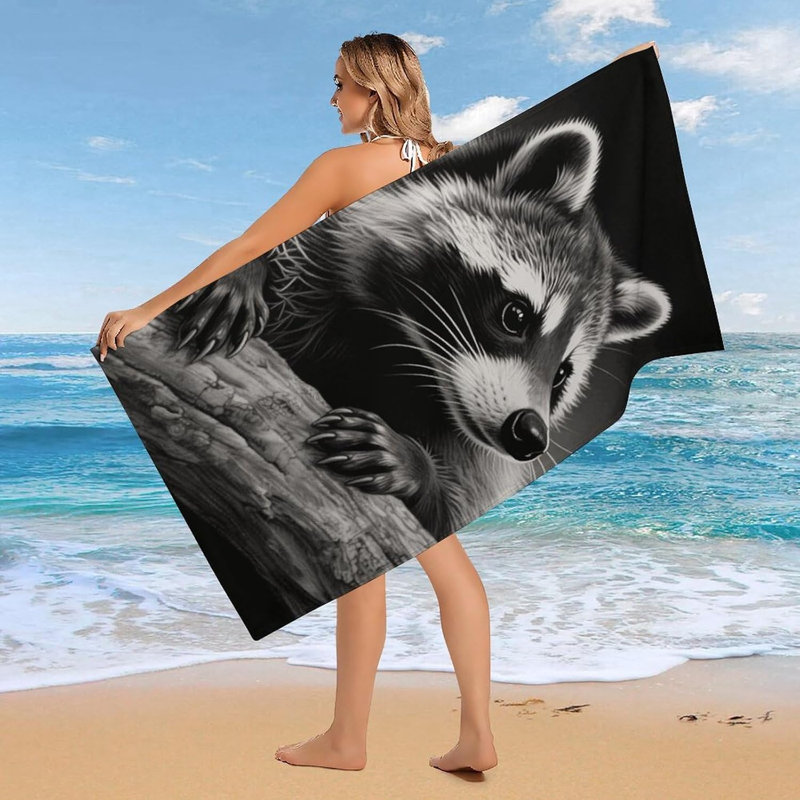 Serviette de plage en microfibre à séchage rapide et raton laveur noir, 60 x 80 po