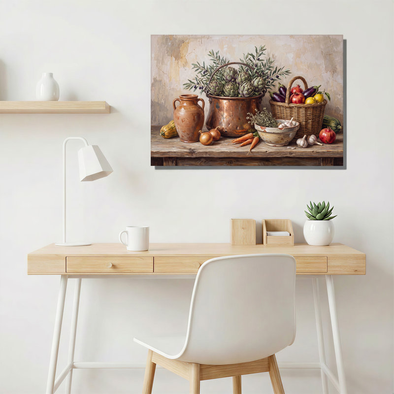 Nature morte des légumes et des fruits dans un pot en cuivre, tableau sur toile, H 32 po x l 48 po