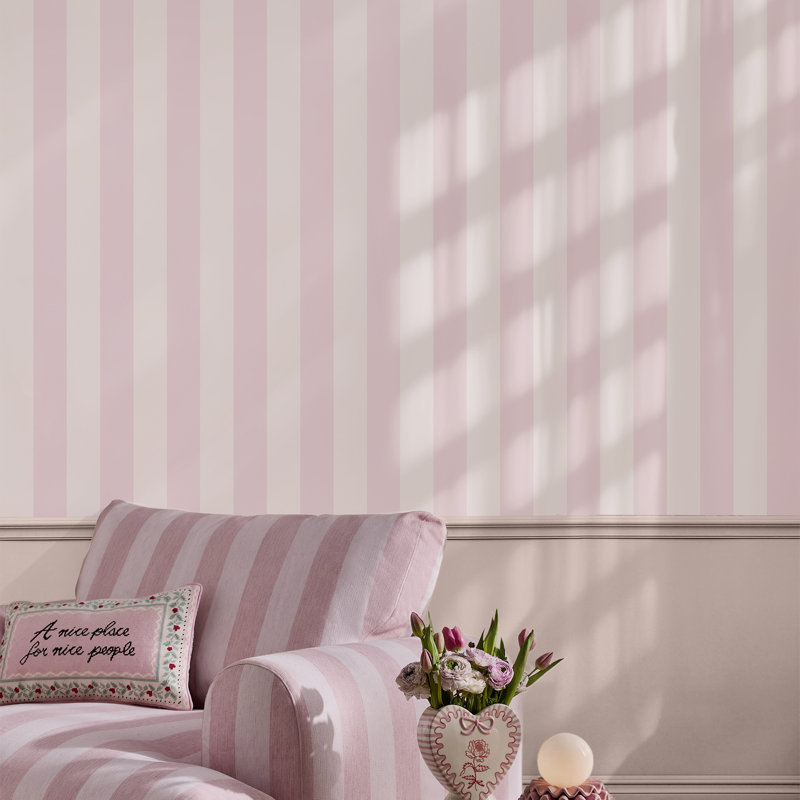 Cath Kidston Canopy Stripe Duck Egg Blue Wallpaper, Pink