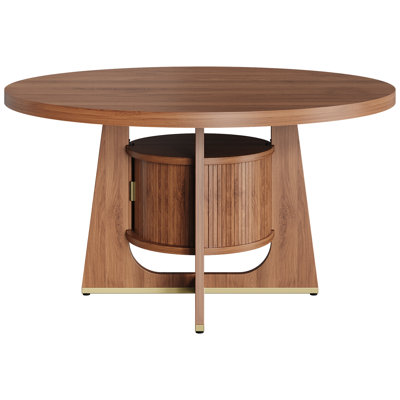 47 Inch Round Dining Table For 4-6 People With Built-in Storage Cabinet, Mid-century Modern Kitchen Table For Dining Room, Kitchen, Living Room (walnut)