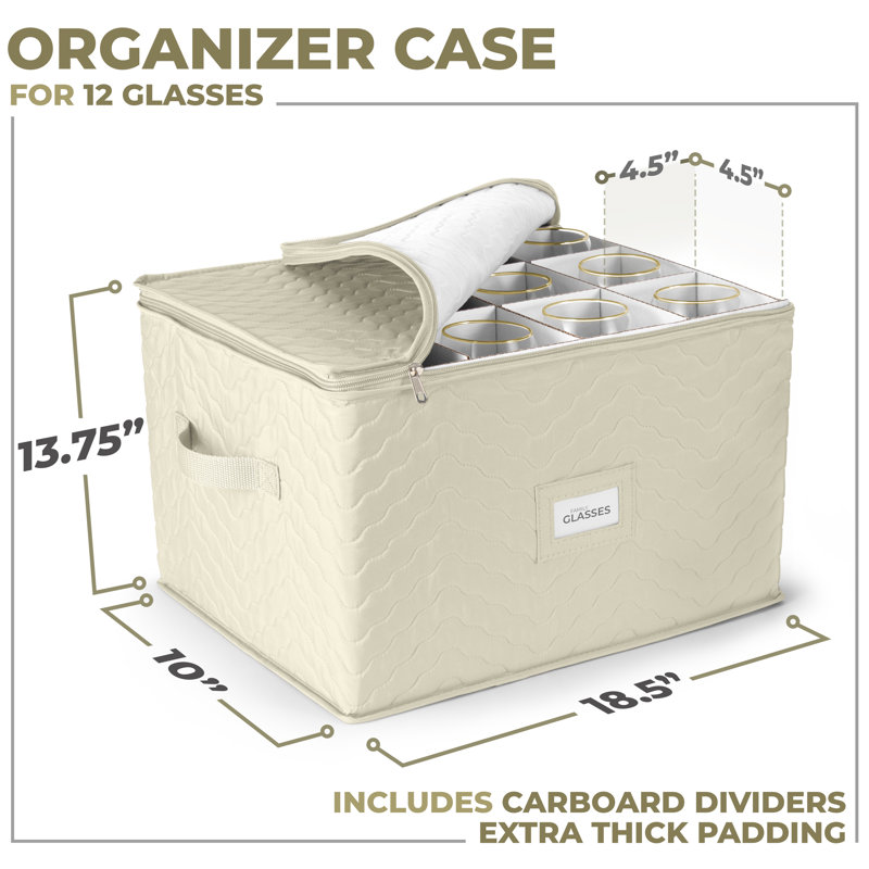 12 Glass Stemware Storage Quilted Case, Beige