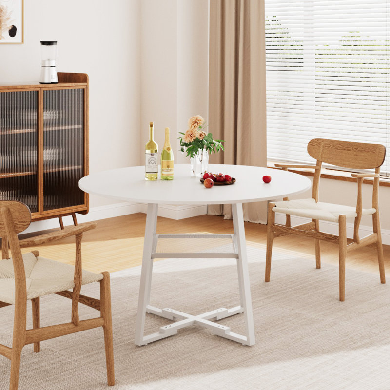 Round Metal Base Dining Table, White, White