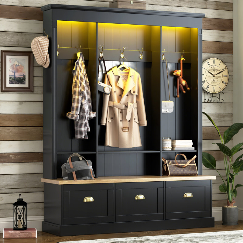 59" Wide Hall Tree With Bench And Shoe Storage, Modern Entryway Bench With Coat Racks And Led Lights, Black
