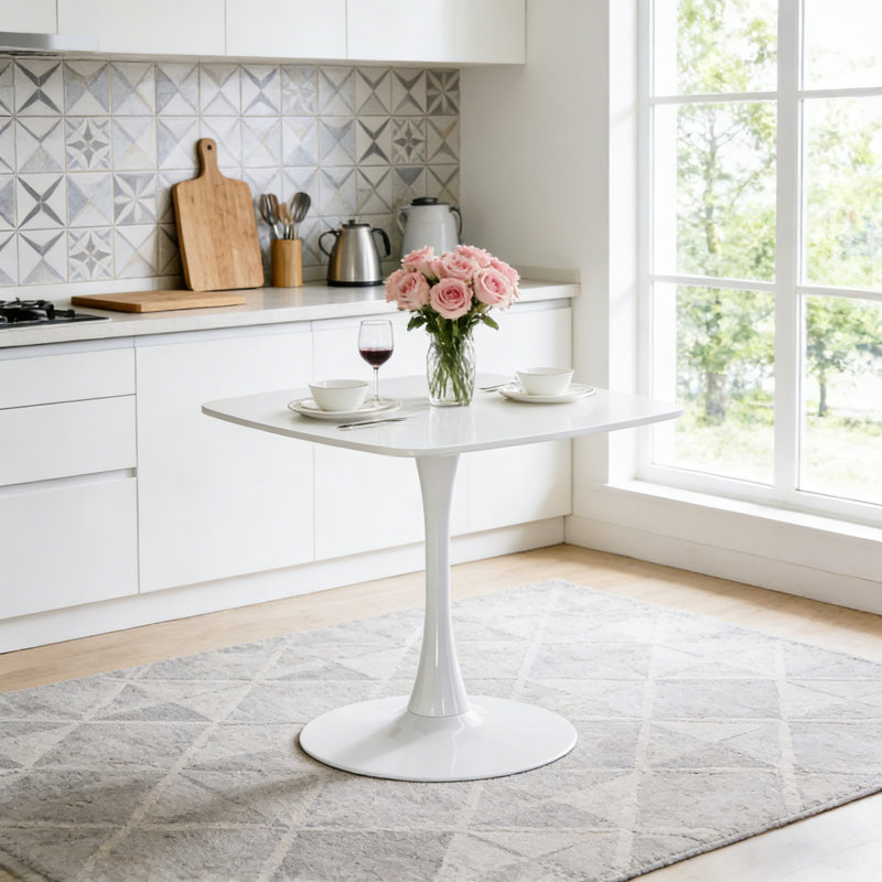 Square Dining Table with Metal Pedestal, White, 28.93" H x 31.5" L x 31.5" W, White