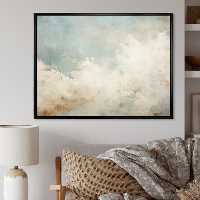 Nuage de minimalisme beige sur toile, 30" H x 40" W x 1.5" D, Cadre flottant noir