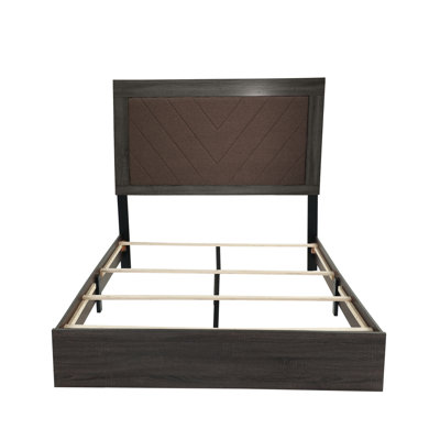 Grand lit en chêne foncé foncé avec grâce rustique, revêtement en tissu, assemblage requis en chêne, revêtement