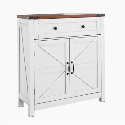 Farmhouse Storage Cabinet with Drawer and Adjustable Shelf, Kitchen Cabinet with Walnut Countertop, Modern Coffee Bar Console Cabinet for Kitchen, Dining Room, Bathroom, Entryway