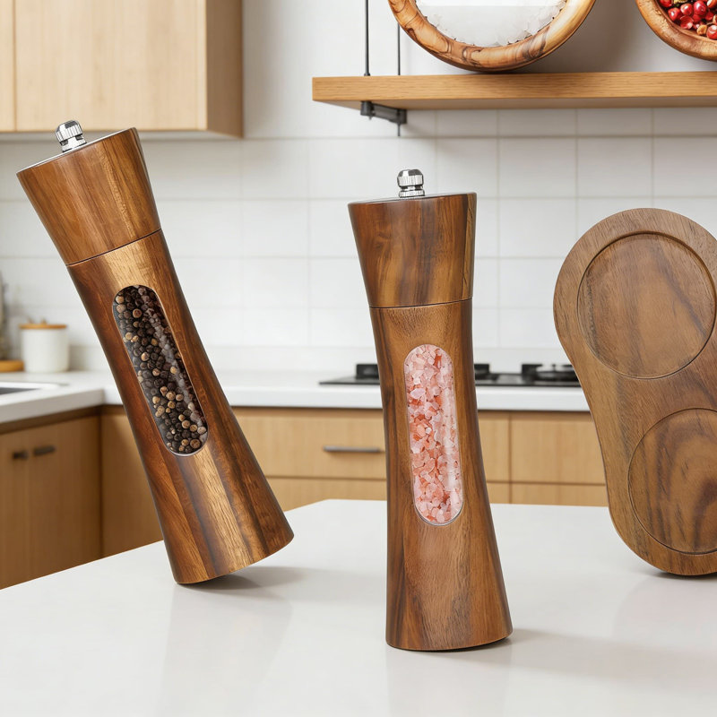Premium Wooden Salt And Pepper Grinder Set With Adjustable Coarseness, Ceramic Grinder Core, And Storage Tray - Refillable Manual Mill For Kitchen And Dining