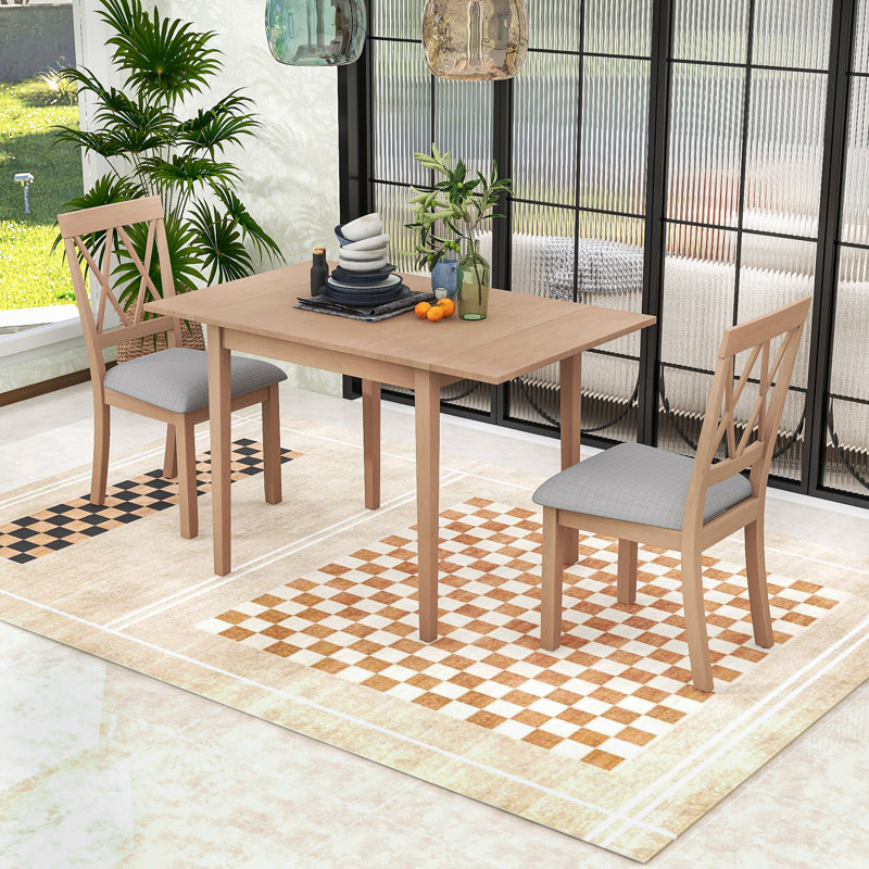 Ensemble de table de salle à manger extensible 3 pièces, table en bois avec abattant et chaises rembourrées, Naturel