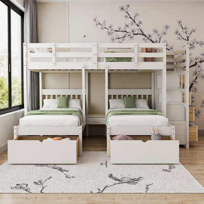 Lit superposé triple pour enfant avec escalier et tiroirs de rangement AVELOR - Solution de sommeil pour les chambres partagées