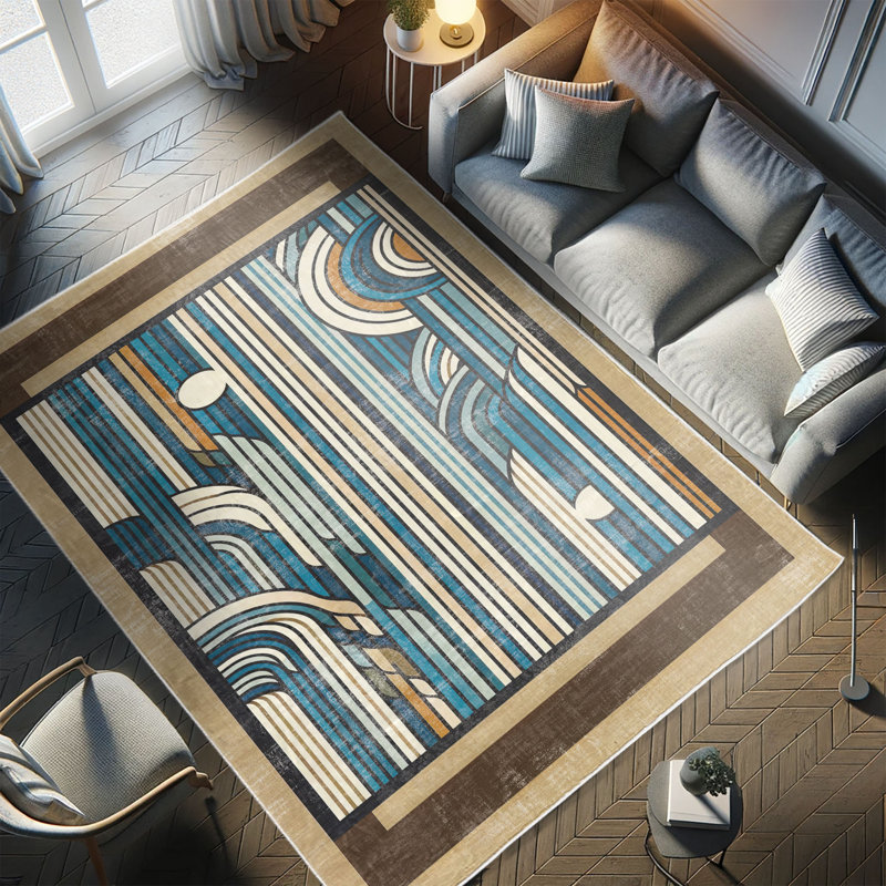 Mid Century Modern Blue and Brown Synthetic Runner Rug