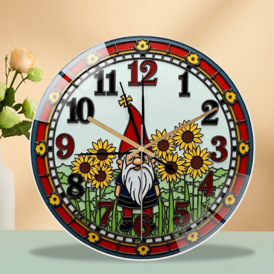 Gnome Decorative Wall Clock with Sunflowers Design Art - 12‘’ Modern Glass Wall Clock