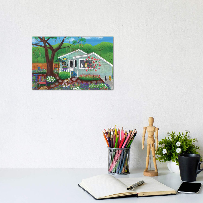 Cats And Dog At Garden Folk Art House by Cheryl Bartley - Wrapped Canvas Print, 20.32 cm H x 30.48 cm W