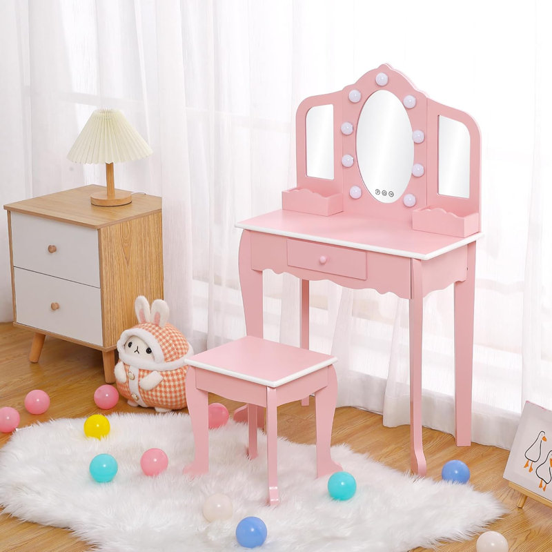 Kids Vanity Set with Stool, 3-Panel Mirror & Pretend Makeup Table for Girls, Toddler Dress-Up Play Set, White