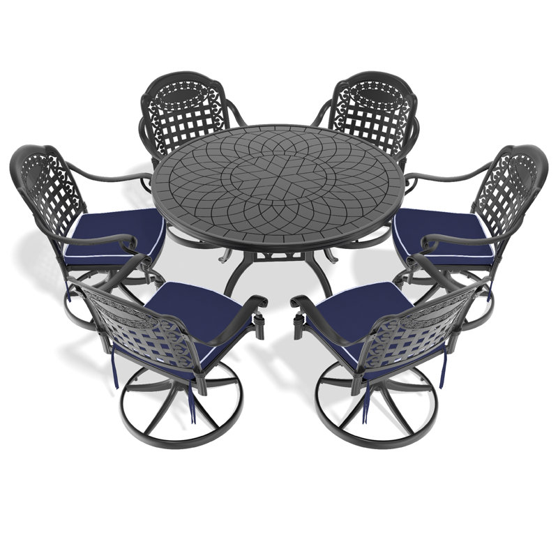 7 Garden Dining Ensemble With 6 Chairs And 47.24" Round Table, Aluminum, Black Frame, , Relaxing All-Weather Furniture Rotating Black, Corrosion ,