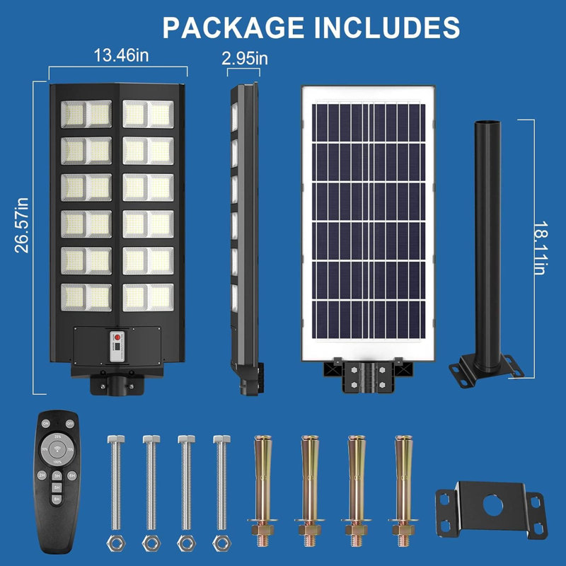 Réverbère solaire 4800W, éclairage extérieur ultra lumineux IP66 de 148 000LM avec capteur de mouvement et télécommande, pour le jardin de l'entrée