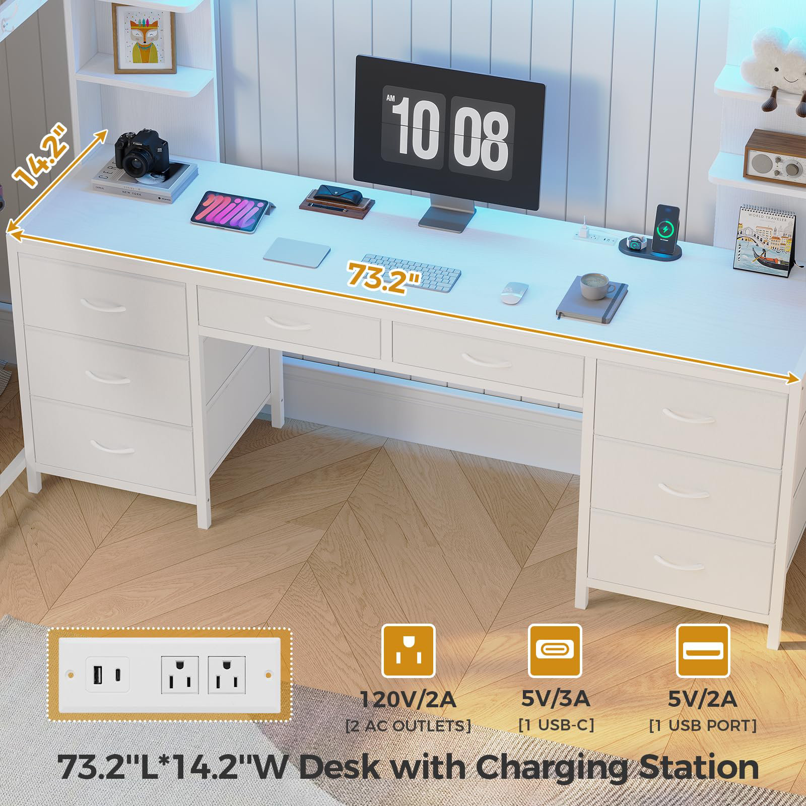 Loft Bed With Desk And Charging Station, Metal Loft Bed With 8 Drawers Storage And Led Lights, 4 Open Storage Shelves,