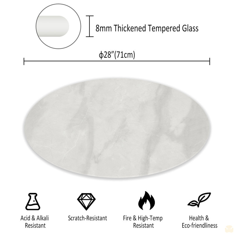 Plateau de table rond en verre trempé de 28 po, Gris, H 0,31 po x l 28 po x P 28 po