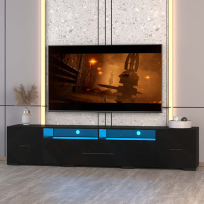 Console de télévision avec armoires de rangement, télécommande, long meuble télé à DEL APP, sélection de couleurs RVB complète, 31 modes de divertissement avec centre d'alimentation et cordon d'alimentation (pour 80 pouces)