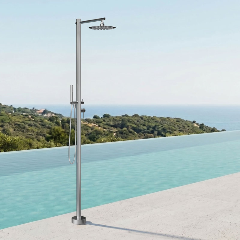 Outdoor Freestanding Shower System With Hand Shower 2 Handle Shower Faucet Set Stainless Steel Floor Mounted Shower Trim Kit With Rough-In Valve