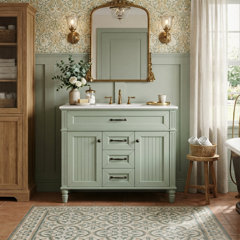 36" Solid Wood & MDF Vanity Combo With Sink, Heavy-Duty Storage Cabinet With Soft-Close Doors & 3 Drawers (White / Black / Green)