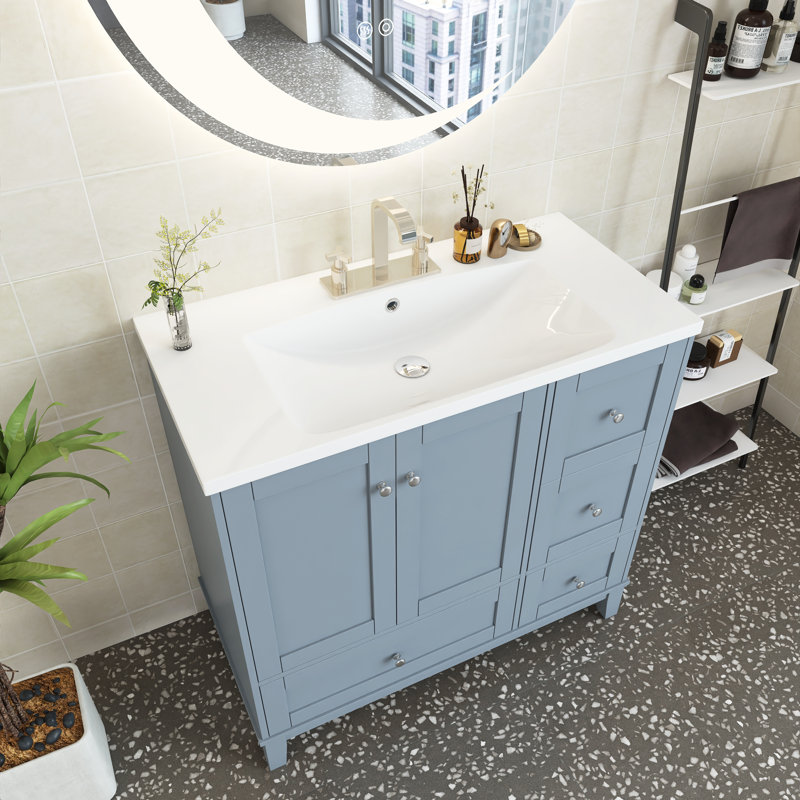 36 po X P 18 po P x 34 po Meuble-lavabo autoportant à simple cuve H avec plateau en marbre de culture blanc, Gris
