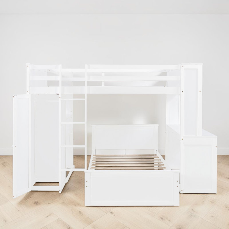 L - Shape Bunk Bed With Built-In Desk And Wardrobe, White, Full Over Twin
