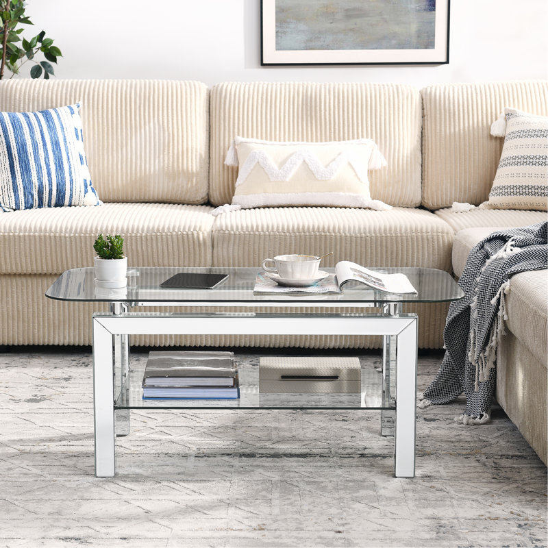 Table basse rectangulaire, table de thé avec pieds en acier inoxydable en miroir, table basse de salon pour la maison