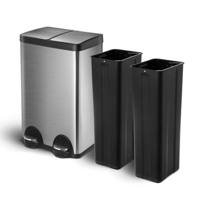 Home Zone Living 16 Gallon Stainless Steel Kitchen Trash Can with Dual Compartments, Step-On Pedals and Soft-Close Lids