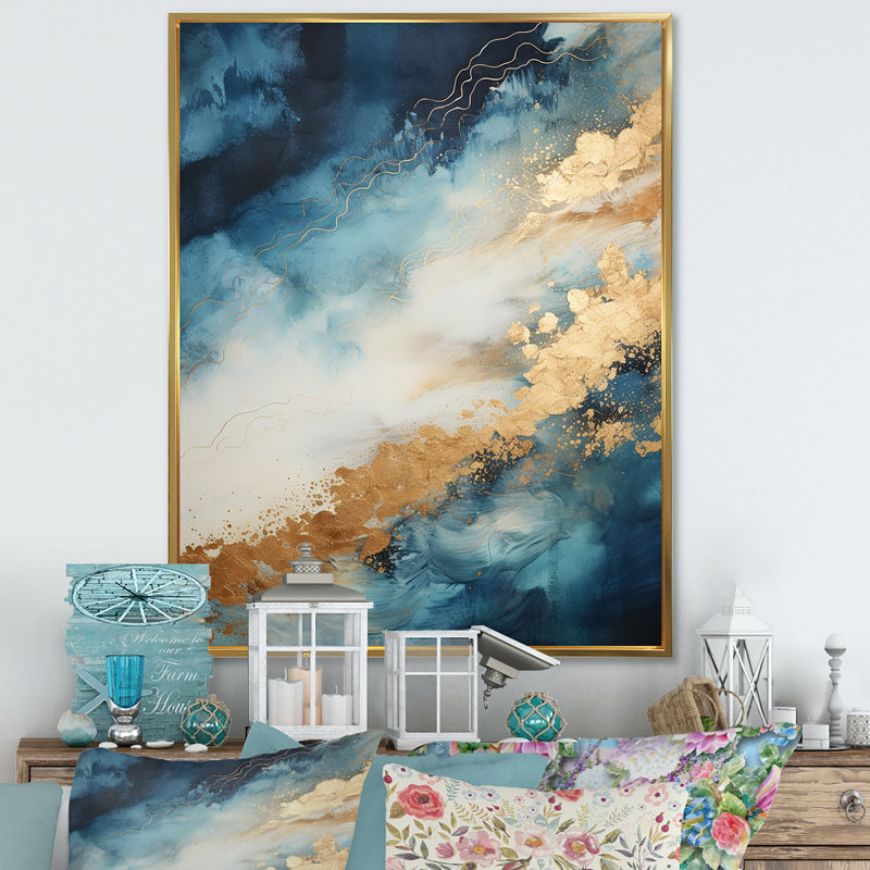 «White and Blue Goldern Abstract River I», reproduction sur toile, Cadre flottant doré, H 40 po x l 30 po x P 1,5 po
