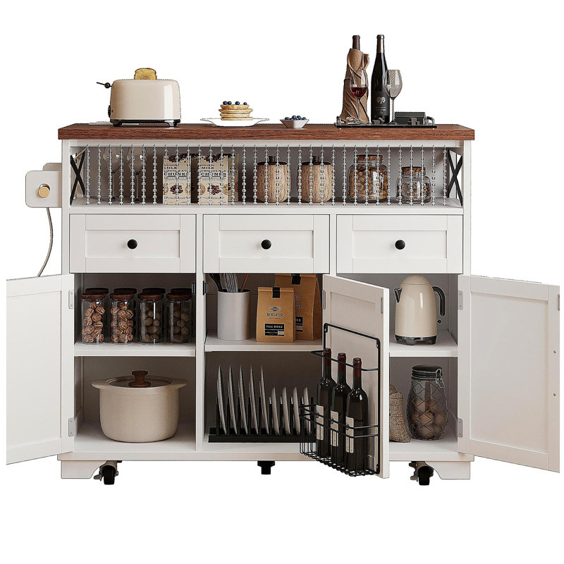 46.5-inch wide farmhouse style kitchen island with bead curtain decoration, power outlets, flip-top wheelbarrow kitchen trolley, 3 doors, 3 drawers, internal iron frame, suitable for kitchen and dining room, white