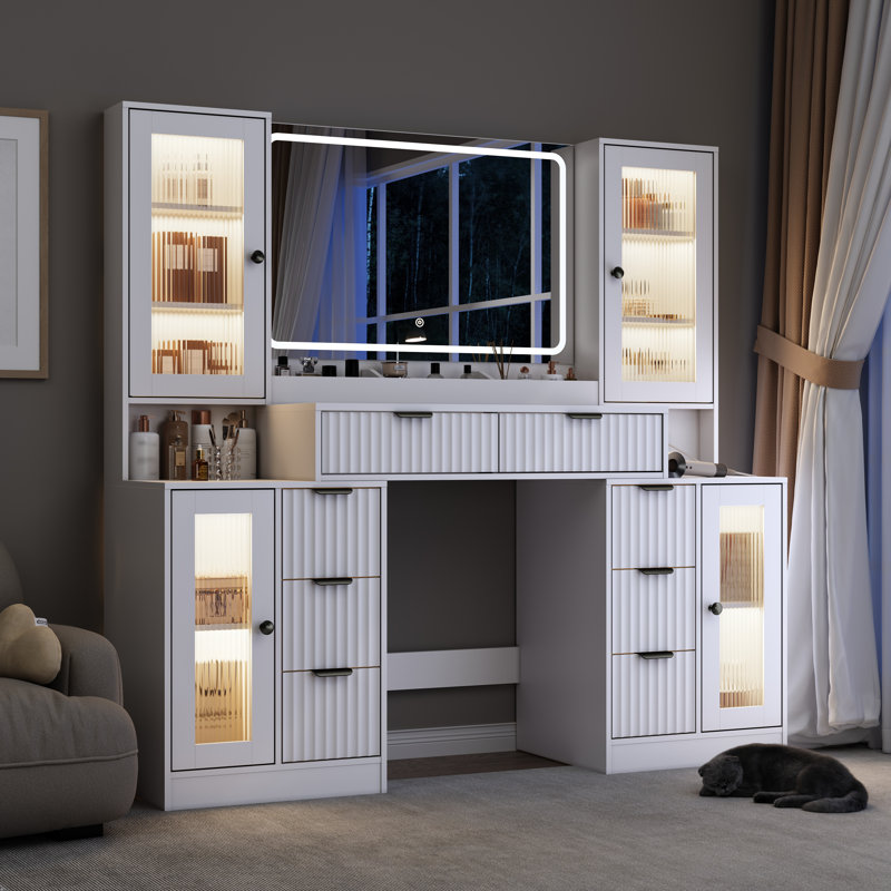 Bureau de meuble-lavabo avec 2 portes, 3 tiroirs et miroir lumineux à DEL, table de maquillage blanche avec prise de courant, armoire en verre RVB et mode 3 lumières