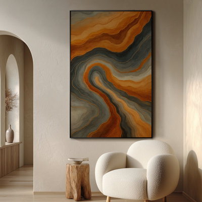 Très grande reproduction d'art sur toile - Motif de géode aux tons orange et gris abstrait, art contemporain pour le salon ou la chambre à coucher - «Assemblage requis du cadre (cadre non fini)»