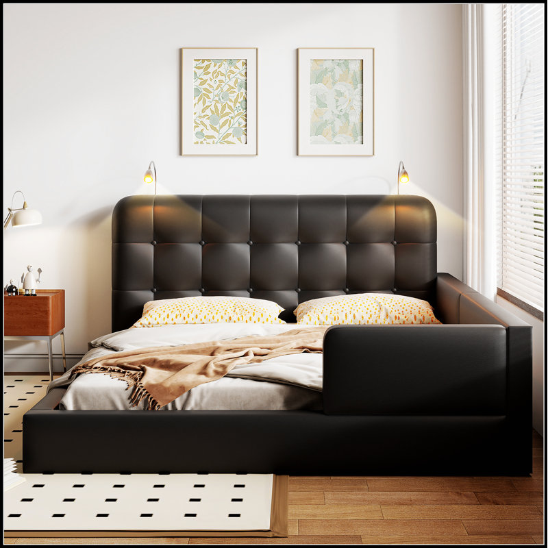 Lit plateforme tapissier avec 2 lampes de lecture réglables pour un confort accru et un style moderne, Noir