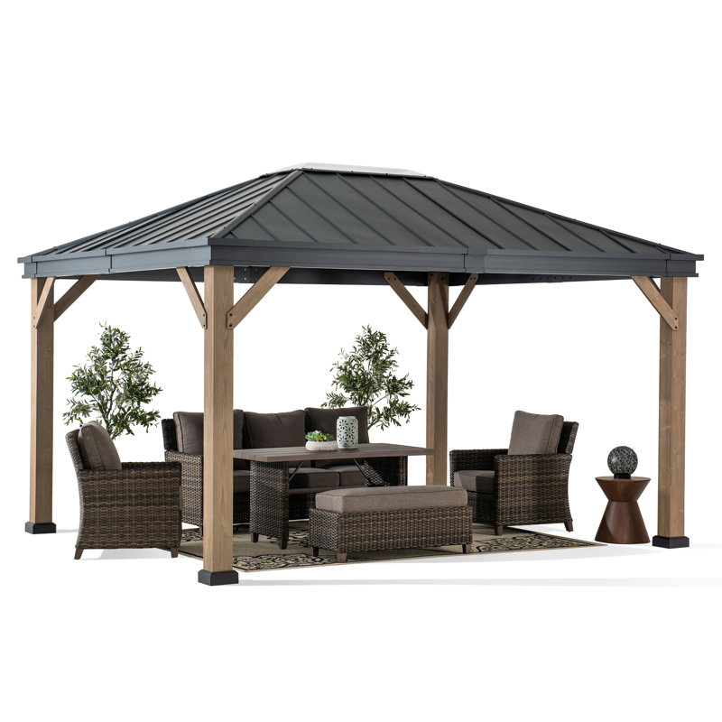 Sunjoy 11 x 13 ft. Hardtop Gazebo Outdoor Black Steel Frame Gazebo with Skylight for Patio, Garden and Backyard Activities