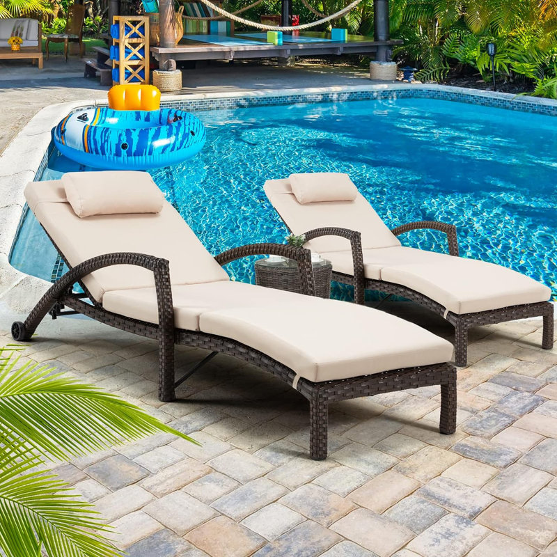 Lounger Set 2 Pieces Adjustable 5 Positions Outdoor PE Rattan Wicker Patio Pool Lounge Chair, Khaki