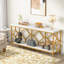 Console industrielle 70,9 pouces avec rangement ouvert à 2 niveaux, blanc et or, parfaite pour les vestibules et les salons