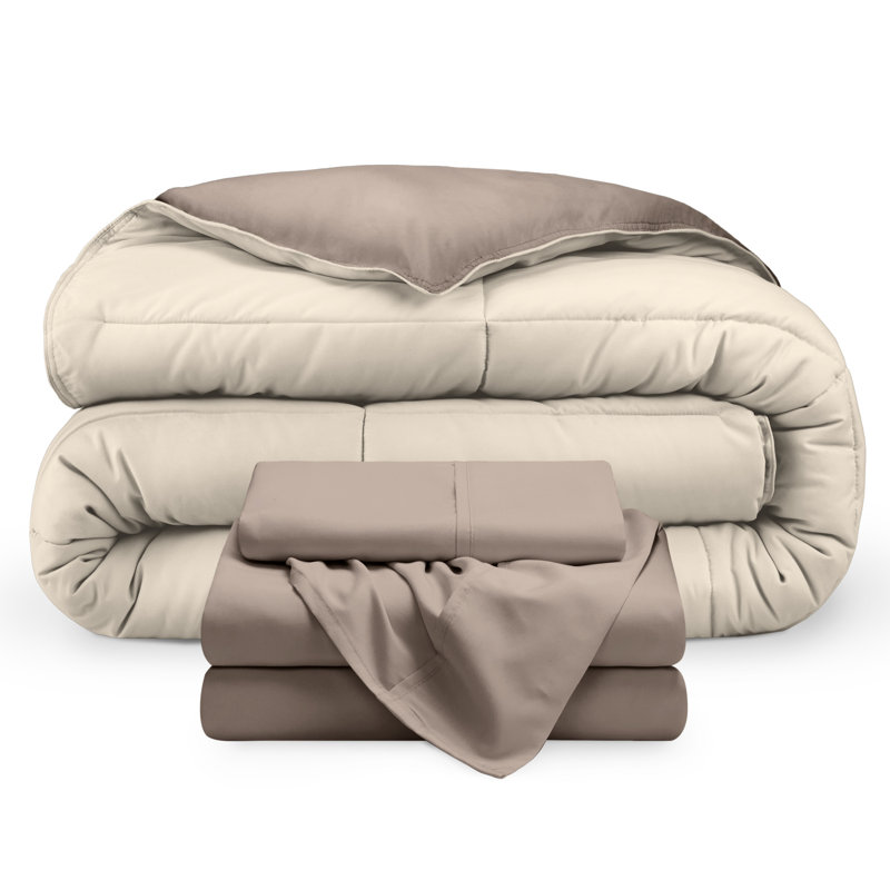 Microfiber Reversible Bed-In-A-Bag, Sand/Taupe, Taupe, Twin Comforter + 1 Pillowcase