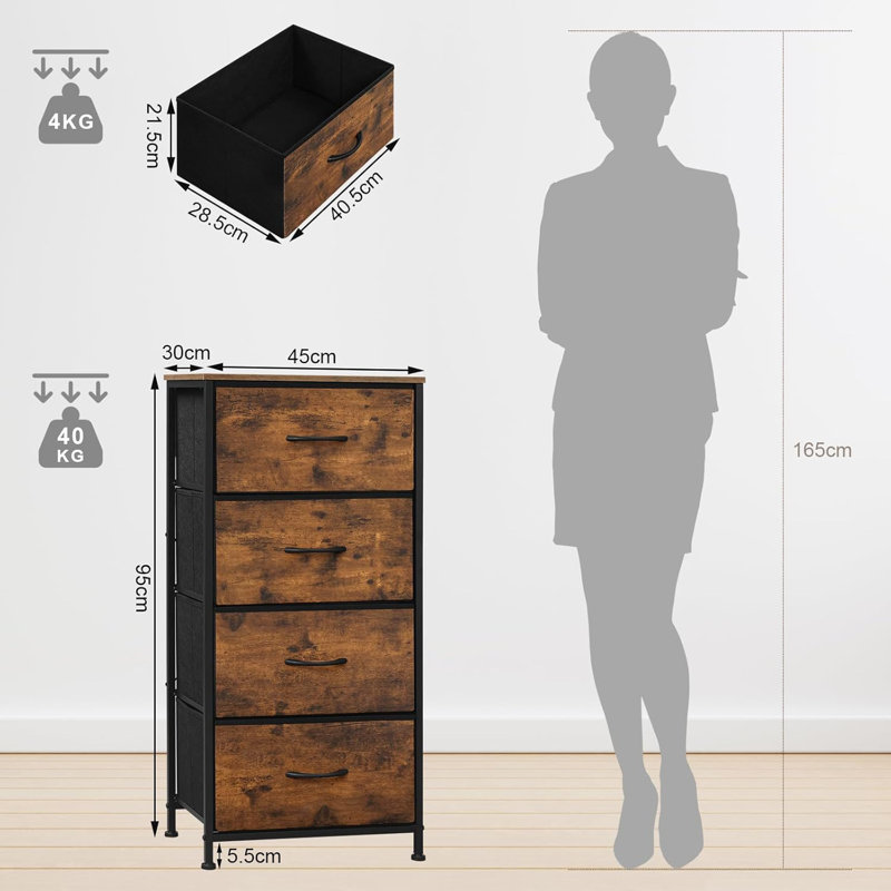 Narrow chest of drawers, chest of drawers with 4 drawers made of fabric, sideboard storage chest for bedrooms, living room, hallway, industrial style