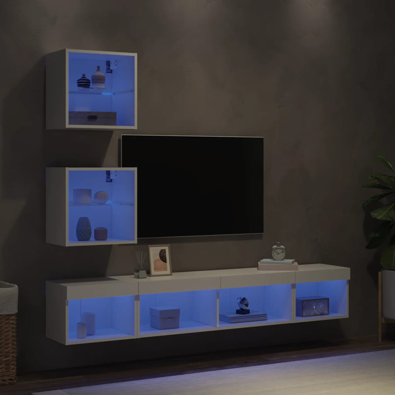 5 Piece TV Wall Units with LED Engineered Wood, White