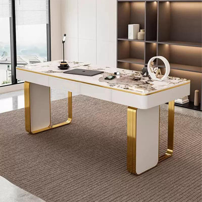 White Rectangular Sintered Stone Writing desk with drawers desk