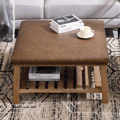 Mid Century Coffee Table With Storage Shelf, Faux Leather Coffee Table For Living Room/Bedroom/Guest Room