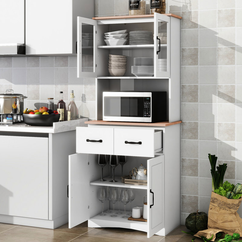 Storage Cabinet For Kitchen White - 150 Lbs Load-bearing & Framed Glass Doors And Stylish 2 Upper Cabinets Wood Color Countertop Functional Design