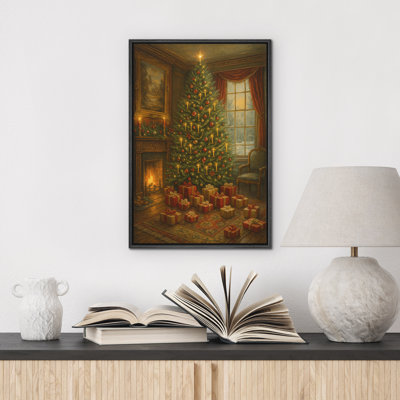 Arbre de Noël avec cheminée et cadeaux dans une élégante pièce de vacances encadrée