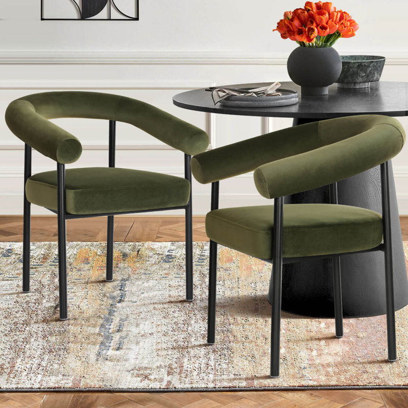 Chaise rembourrée moderne avec accoudoirs courbés, Velours vert