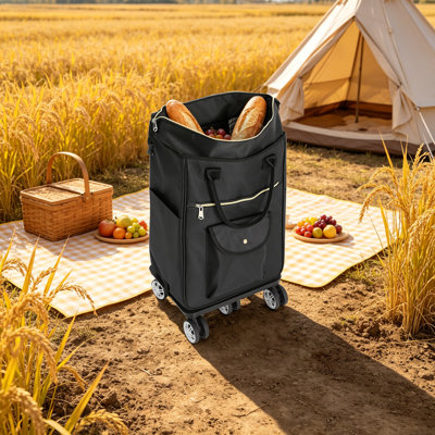 Black Foldable Grocery Cart on Wheels 2-in-1 Detachable Insulated Shopping Cart for Groceries 45L Rolling Shopping Tote with 360° Silent Swivel Casters & Telescopic Handle for Market Picnic