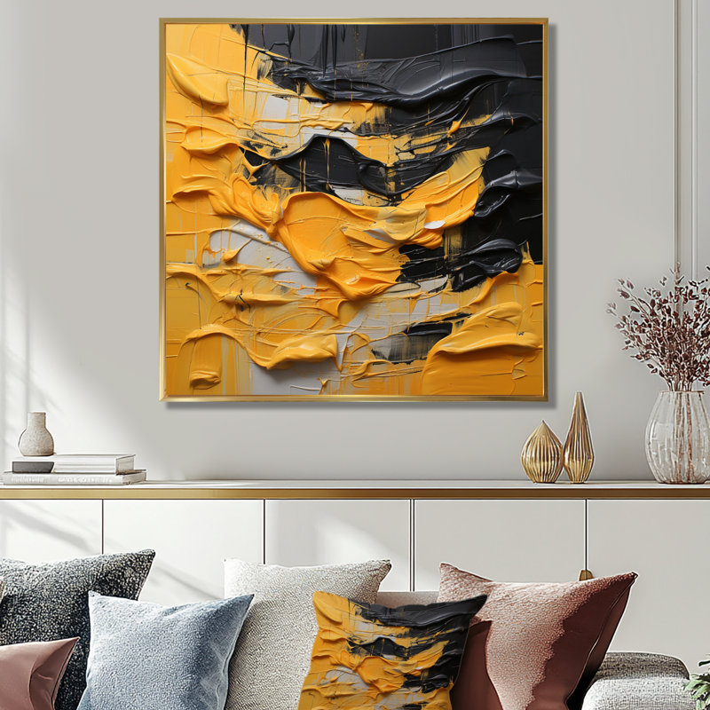 «Bold Mustard Yellow Tranquility - Abstract», reproduction d'art murale, Cadre flottant doré, H 30 po x l 30 po