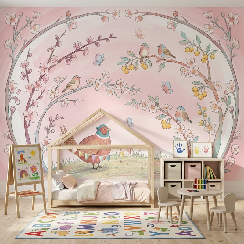 Décoration murale vignette amovible cerisier en fleurs, 140 po x 108 po, Texturé non collé